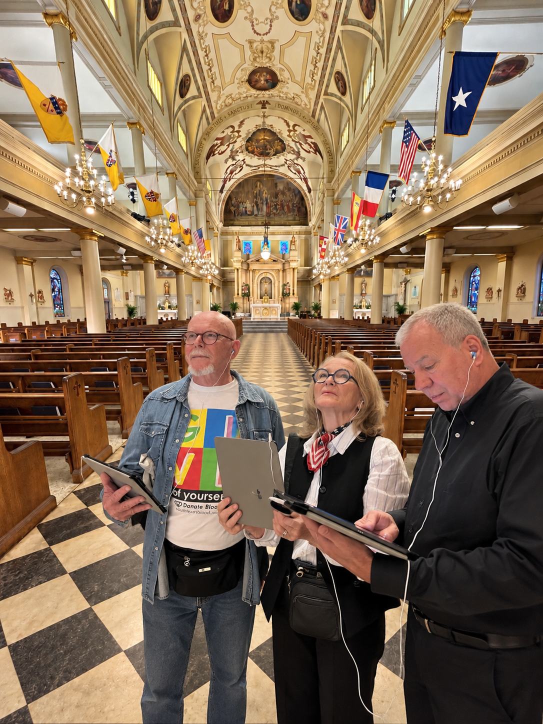 Three visitors with iPads and earphones looking up at the painted ceiling in the nave of St. Louis Cathedral