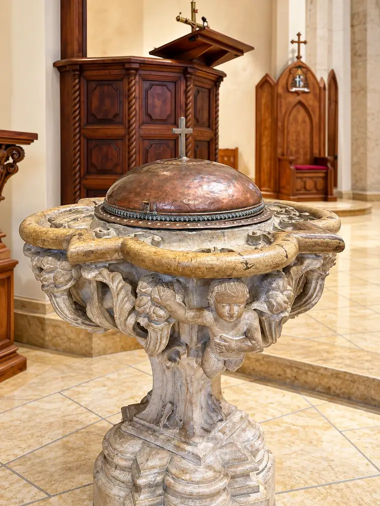 The baptismal font of San Fernando Cathedral: a carved marble basin held up by cherubs, under a hammered copper lid topped with a cross, standing on the sanctuary floor beside the wooden ambo.