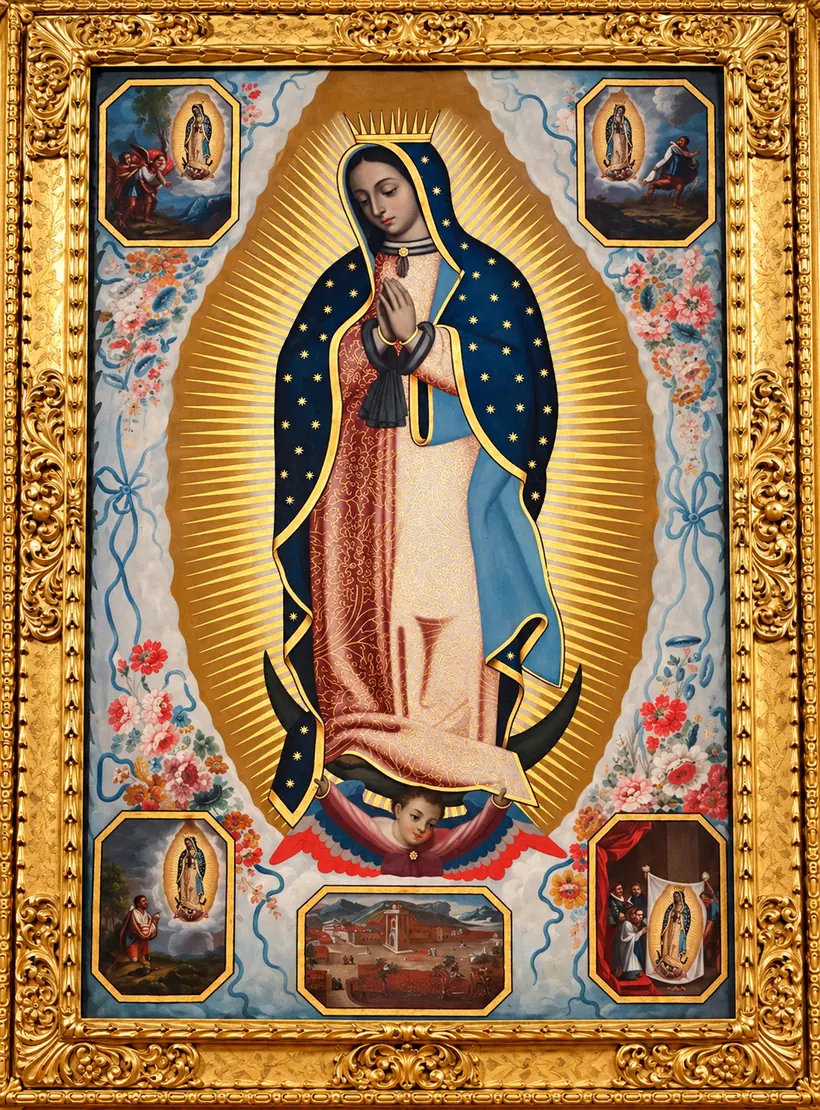 A framed painting of Our Lady of Guadalupe in a carved and gilded frame, surrounded by four small scenes of the apparitions to Juan Diego and a view of the hill of Tepeyac.